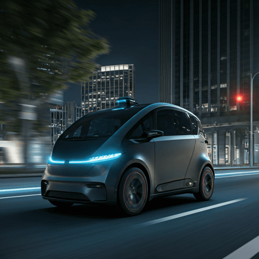 Sleek autonomous vehicle on a futuristic city street at night